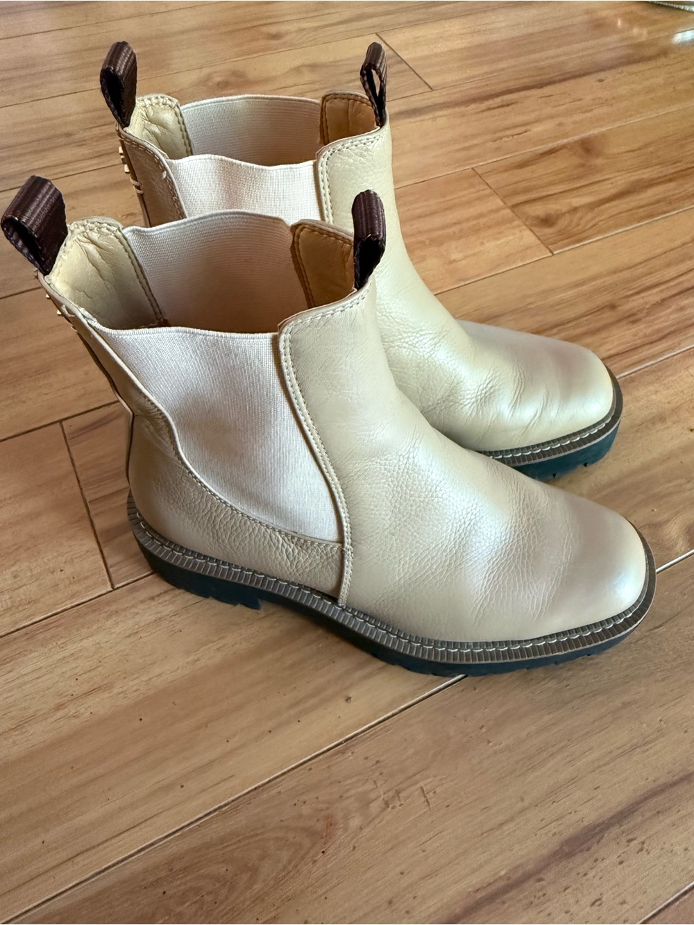 Sam Edelman Cream Chelsea Ankle Boots with Brown Pull Tabs WATERPROOF